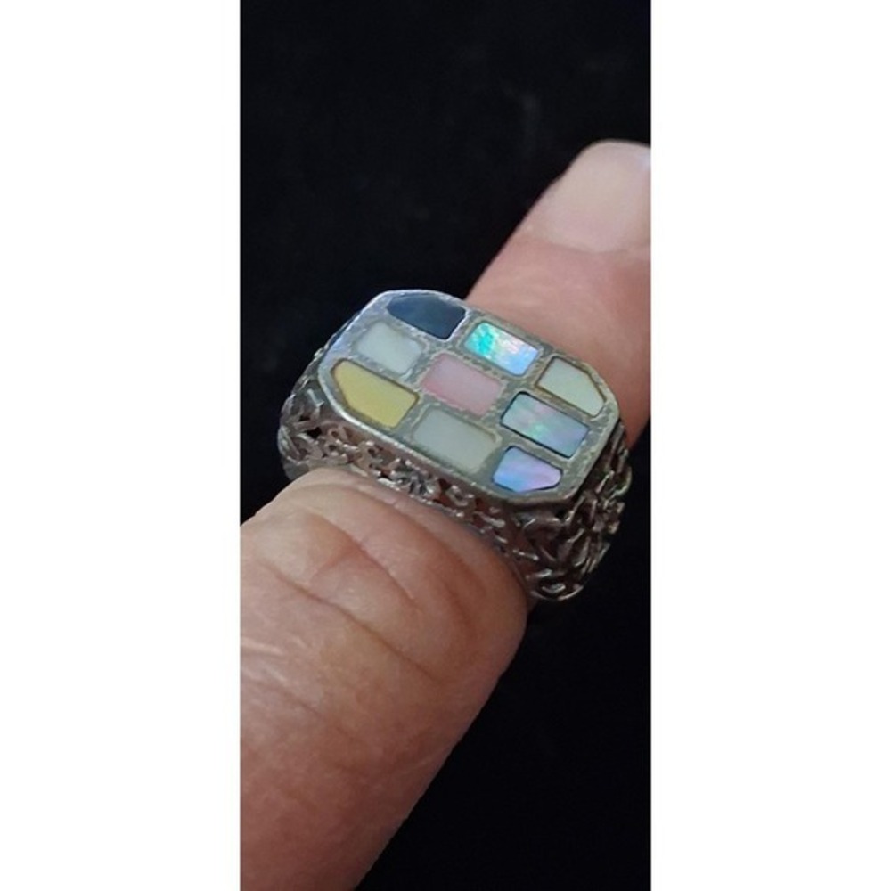 Sterling silver mosaic Abalone inlay Statement ring Size 7/ 1960s
